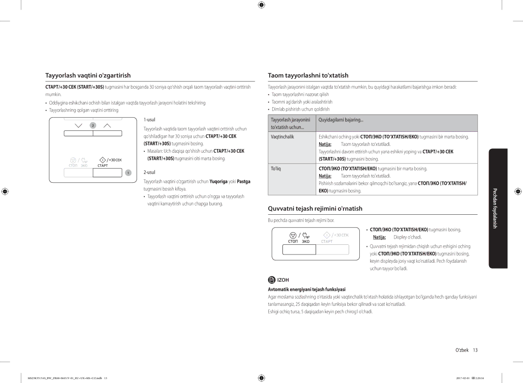 Samsung MS23K3513AW/BW Tayyorlash vaqtini ozgartirish, Taom tayyorlashni toxtatish, Quvvatni tejash rejimini ornatish 