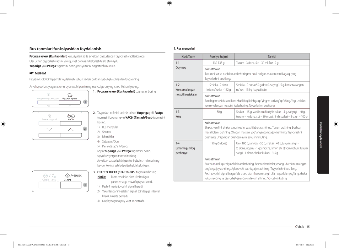 Samsung MS23K3513AK/BW, MS23K3513AW/BW, MS23K3513AS/BW manual Rus taomlari funksiyasidan foydalanish, Rus menyulari 