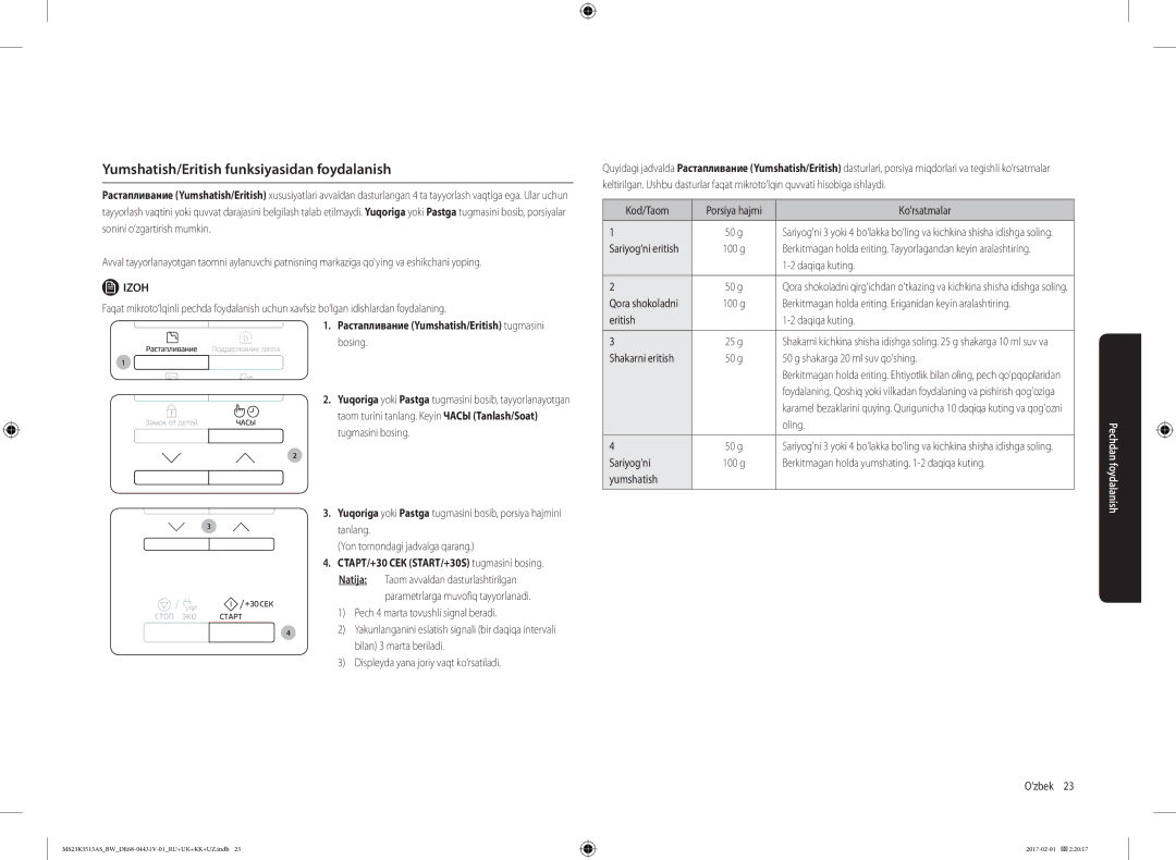 Samsung MS23K3513AS/BW, MS23K3513AK/BW, MS23K3513AW/BW manual Yumshatish/Eritish funksiyasidan foydalanish 