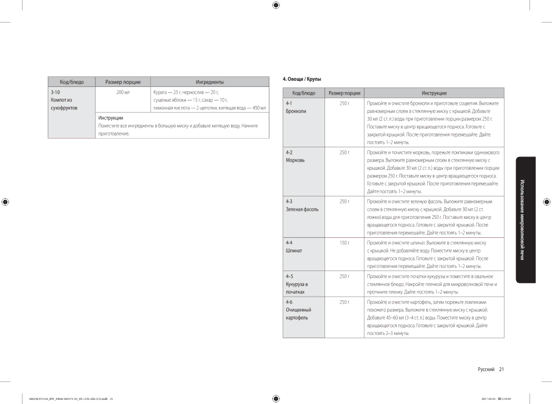 Samsung MS23K3513AK/BW, MS23K3513AW/BW, MS23K3513AS/BW manual Овощи / Крупы 