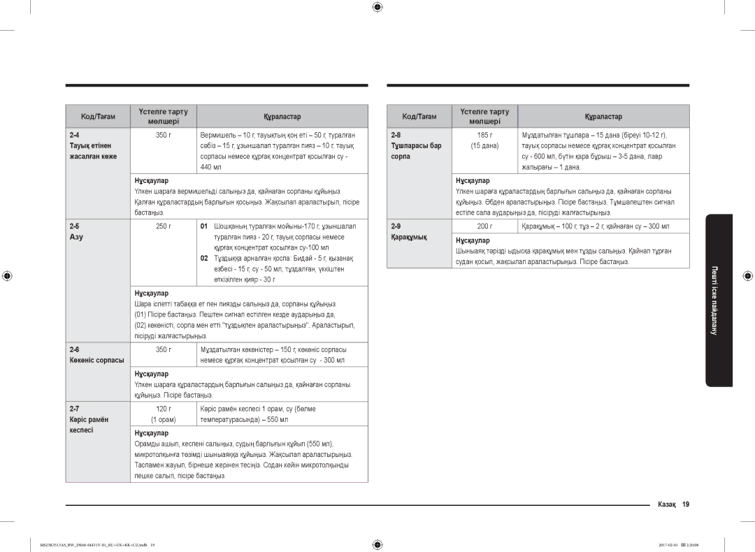 Samsung MS23K3513AS/BW manual Тауық етінен, Жасалған көже, 440 мл, Азу, Кәріс рамён, Кеспесі Нұсқаулар, Сорпа, Казақ 19 