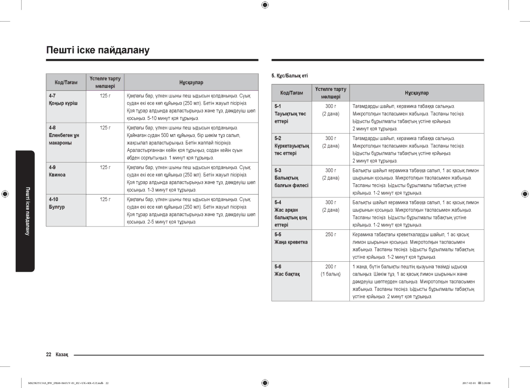 Samsung MS23K3513AS/BW manual Қоңыр күріш, Макароны, Квиноа, Булгур, 22 Казақ Құс/Балық еті Код/Тағам, Еттері, Төс еттері 