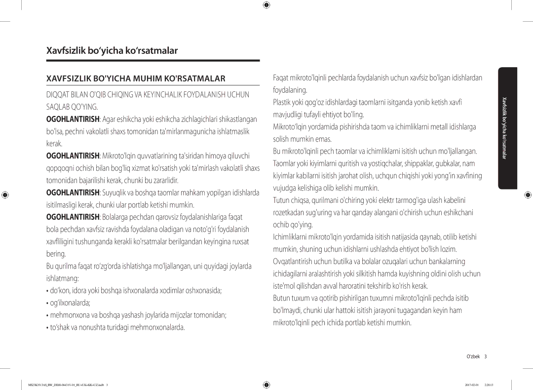 Samsung MS23K3513AK/BW, MS23K3513AW/BW, MS23K3513AS/BW manual Xavfsizlik bo‘yicha ko‘rsatmalar, Ozbek  