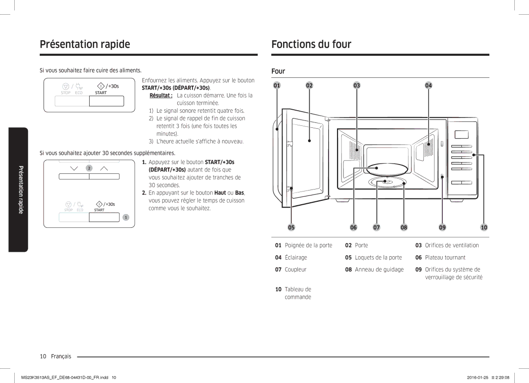 Samsung MS23K3513AW/EF, MS23K3513AK/EF manual Présentation rapide, Fonctions du four, Four, Verrouillage de sécurité 