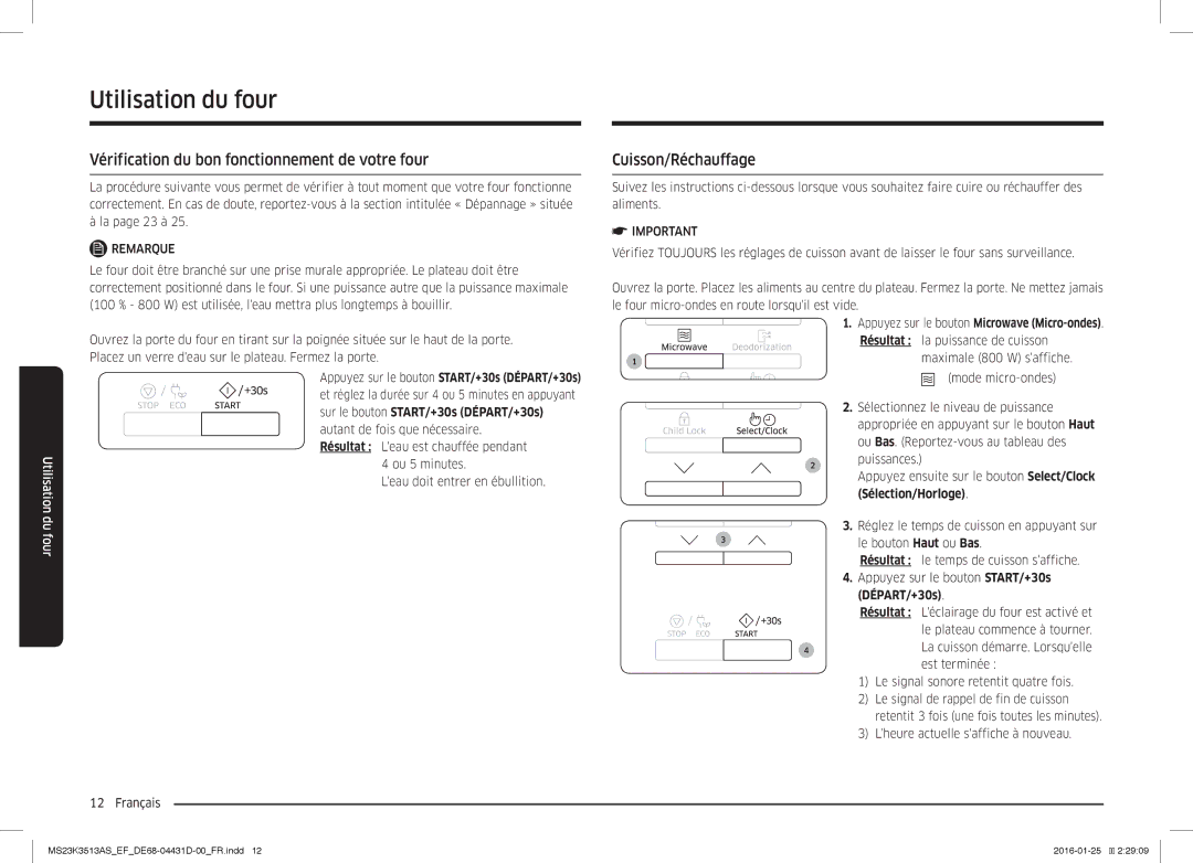 Samsung MS23K3513AK/EF manual Vérification du bon fonctionnement de votre four, Cuisson/Réchauffage, Sélection/Horloge 