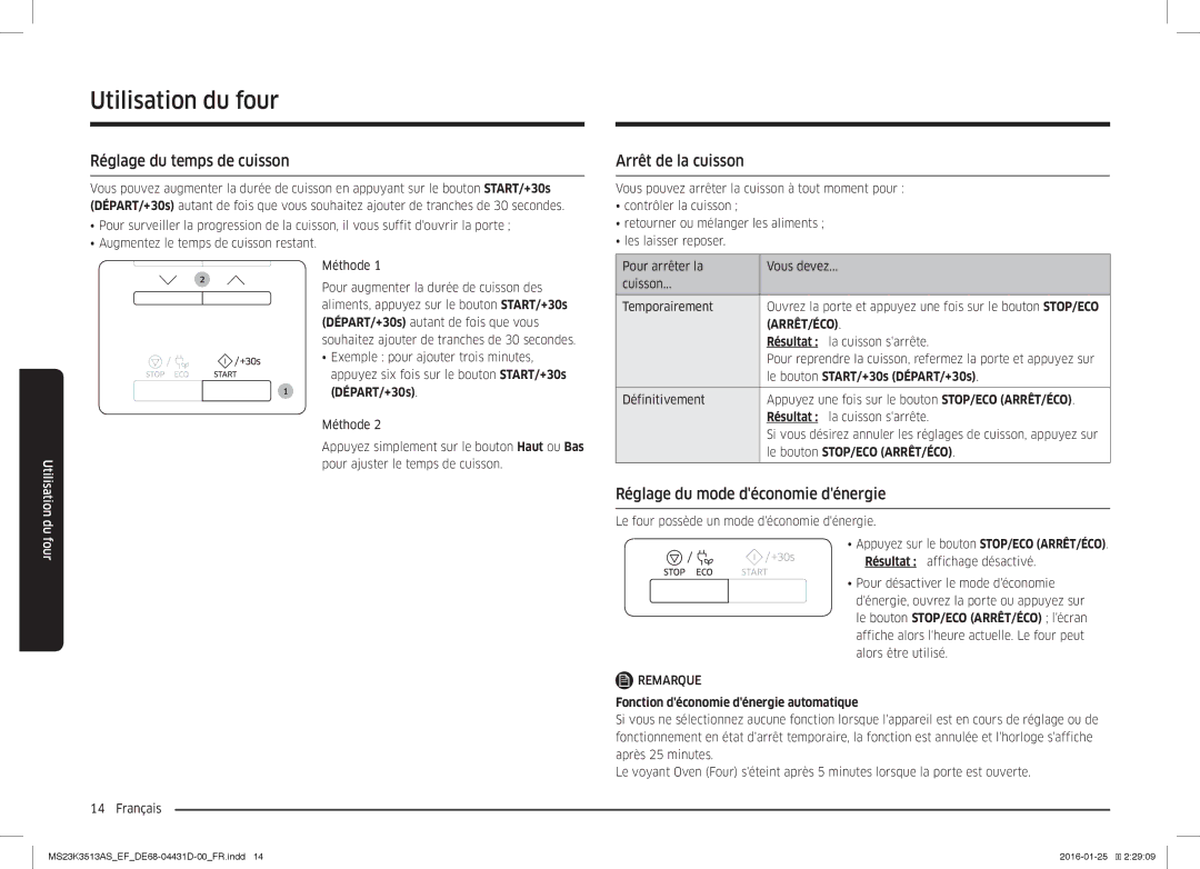 Samsung MS23K3513AS/EF manual Réglage du temps de cuisson, Arrêt de la cuisson, Réglage du mode déconomie dénergie 