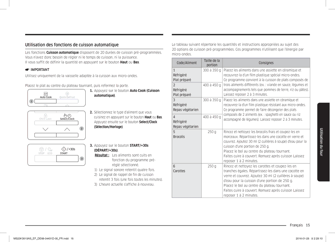 Samsung MS23K3513AK/EF, MS23K3513AW/EF, MS23K3513AS/EF manual Utilisation des fonctions de cuisson automatique, Automatique 