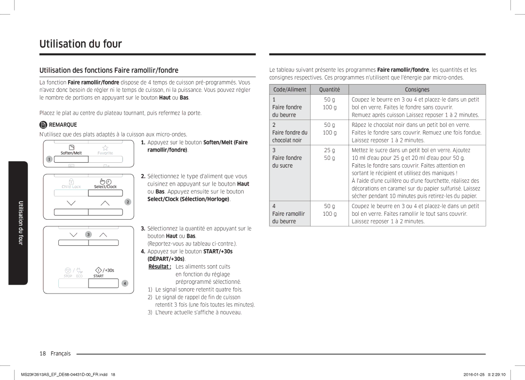 Samsung MS23K3513AK/EF, MS23K3513AW/EF, MS23K3513AS/EF manual Utilisation des fonctions Faire ramollir/fondre 