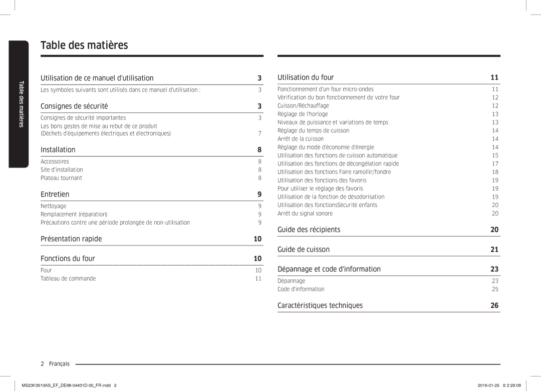 Samsung MS23K3513AS/EF, MS23K3513AK/EF, MS23K3513AW/EF manual Table des matières 