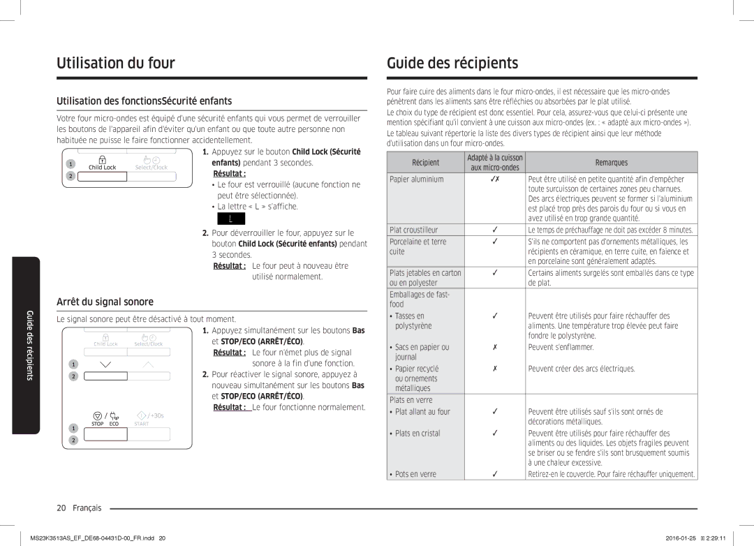 Samsung MS23K3513AS/EF manual Guide des récipients, Utilisation des fonctionsSécurité enfants, Arrêt du signal sonore 