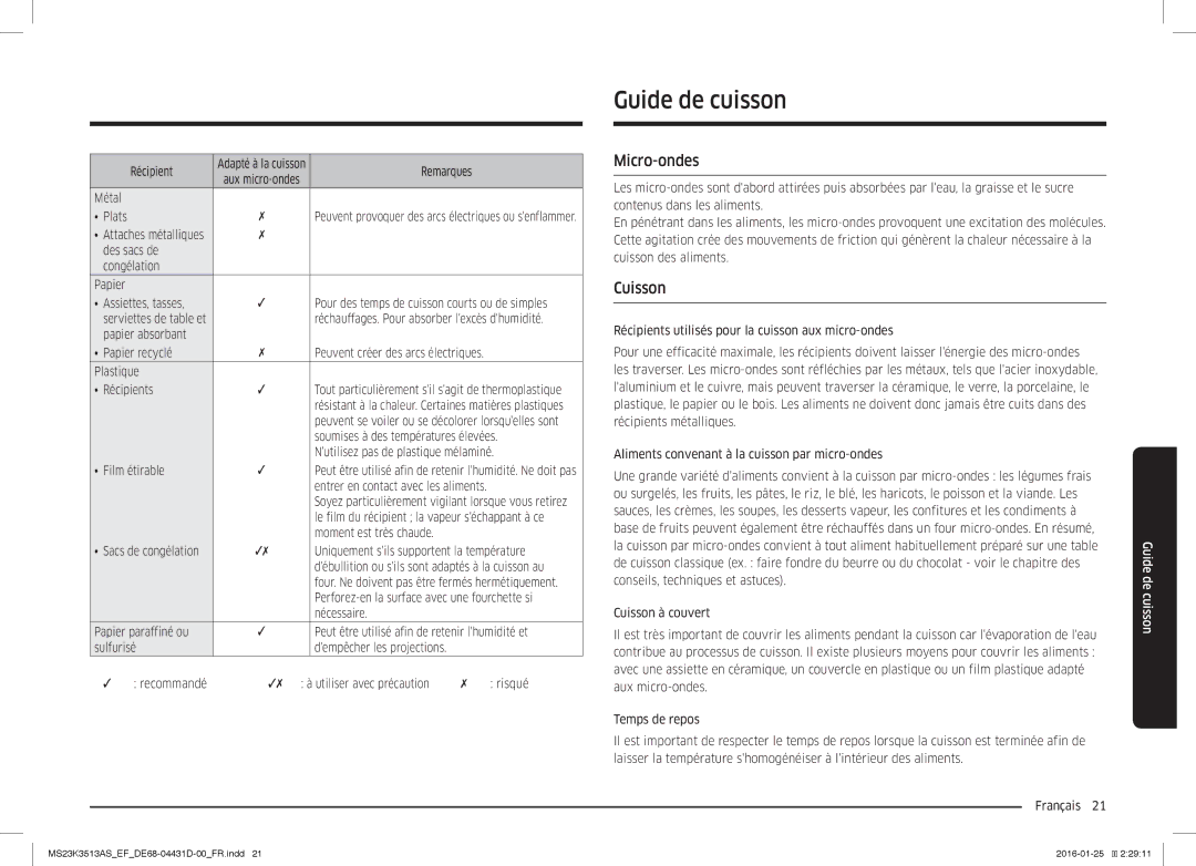 Samsung MS23K3513AK/EF, MS23K3513AW/EF, MS23K3513AS/EF manual Guide de cuisson, Micro-ondes, Cuisson 