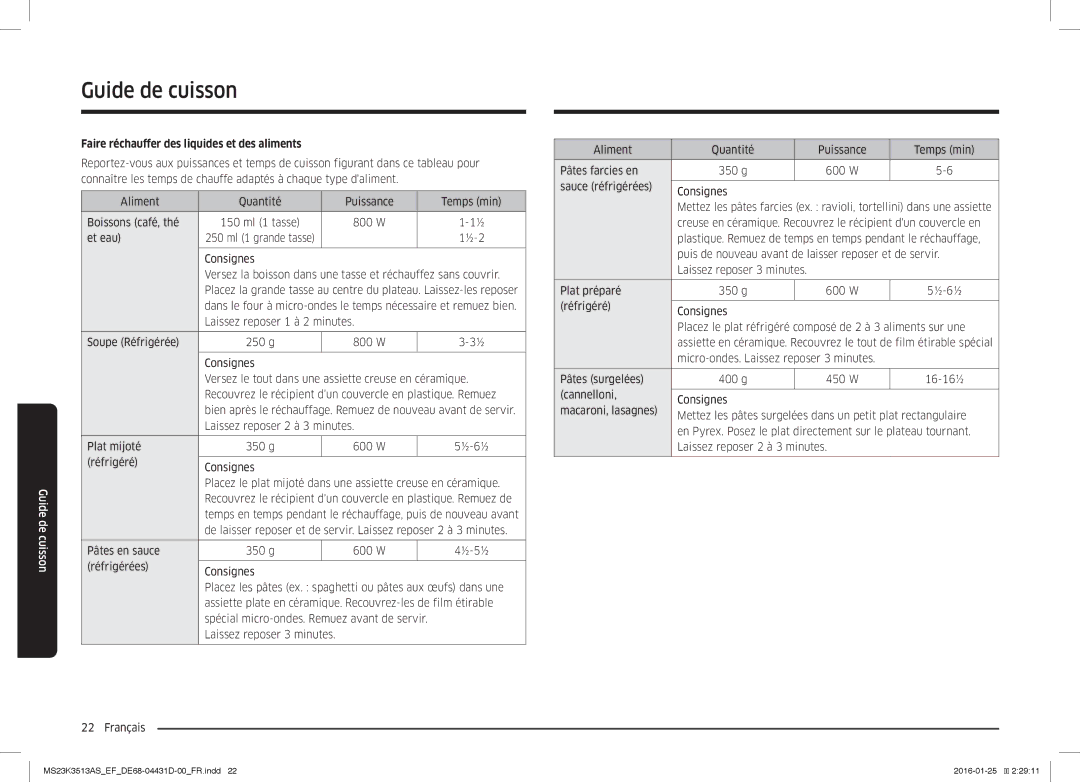 Samsung MS23K3513AW/EF, MS23K3513AK/EF, MS23K3513AS/EF manual Faire réchauffer des liquides et des aliments, W Et eau 