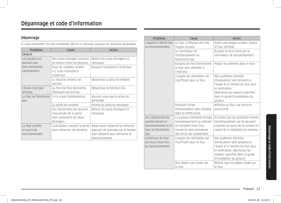 Samsung MS23K3513AS/EF manual Dépannage et code dinformation, Retirez les corps étrangers et, Peuvent pas, Réessayez 