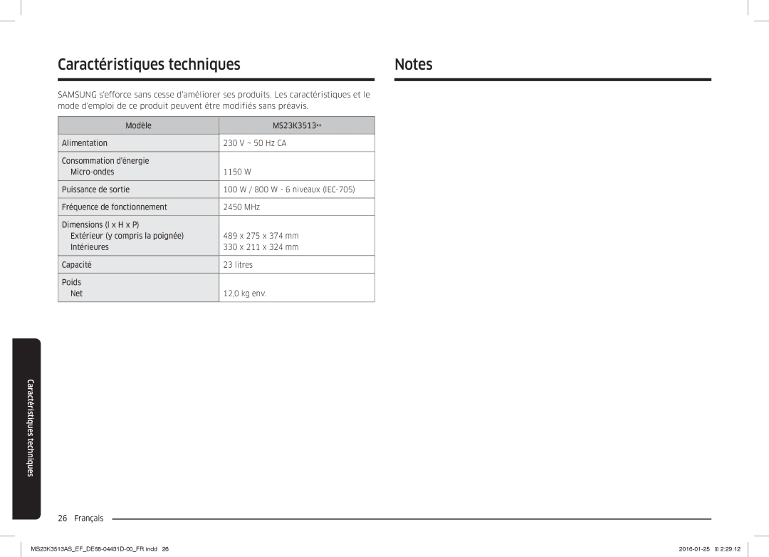 Samsung MS23K3513AS/EF, MS23K3513AK/EF, MS23K3513AW/EF manual Caractéristiques techniques 