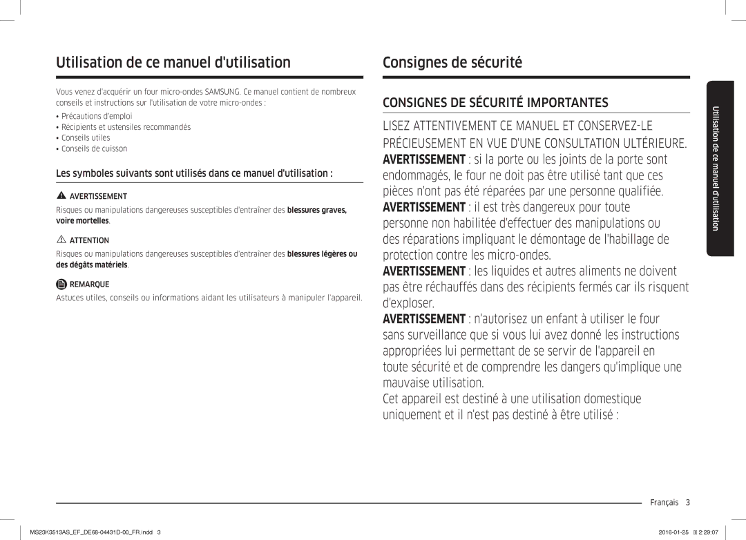 Samsung MS23K3513AK/EF, MS23K3513AW/EF manual Utilisation de ce manuel dutilisation, Consignes de sécurité, Français  