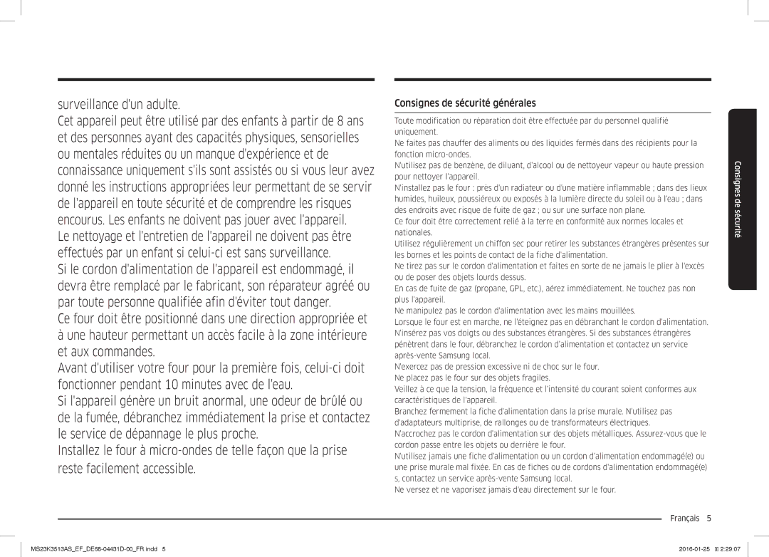 Samsung MS23K3513AS/EF, MS23K3513AK/EF, MS23K3513AW/EF manual Surveillance dun adulte, Consignes de sécurité générales 