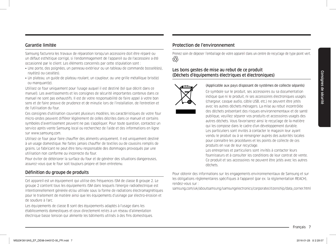 Samsung MS23K3513AW/EF, MS23K3513AK/EF Garantie limitée, Définition du groupe de produits, Protection de l’environnement 