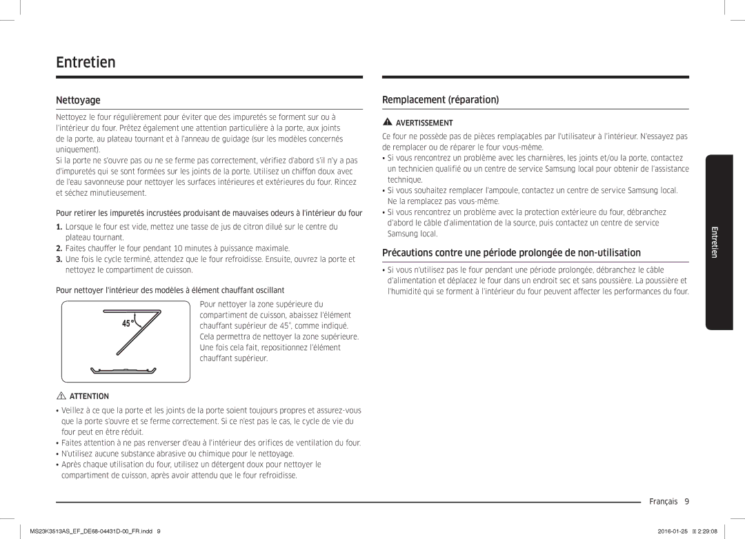 Samsung MS23K3513AK/EF, MS23K3513AW/EF, MS23K3513AS/EF manual Entretien, Nettoyage, Remplacement réparation 