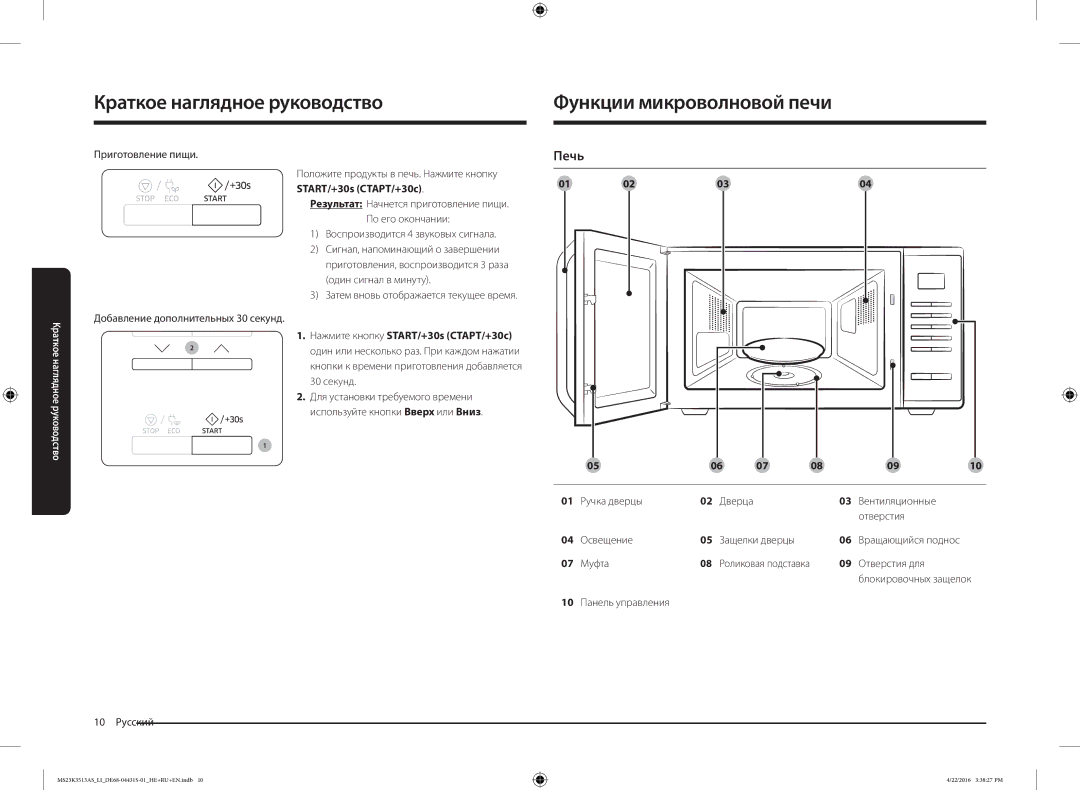 Samsung MS23K3513AW/LI, MS23K3513AK/LI, MS23K3513AS/LI manual Краткое наглядное руководство, Функции микроволновой печи, Печь 