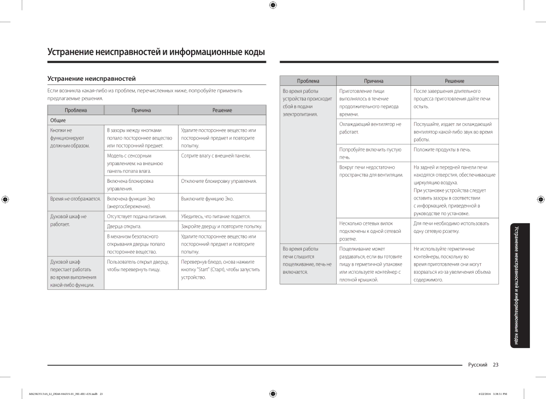 Samsung MS23K3513AK/LI, MS23K3513AS/LI, MS23K3513AW/LI manual Устранение неисправностей 