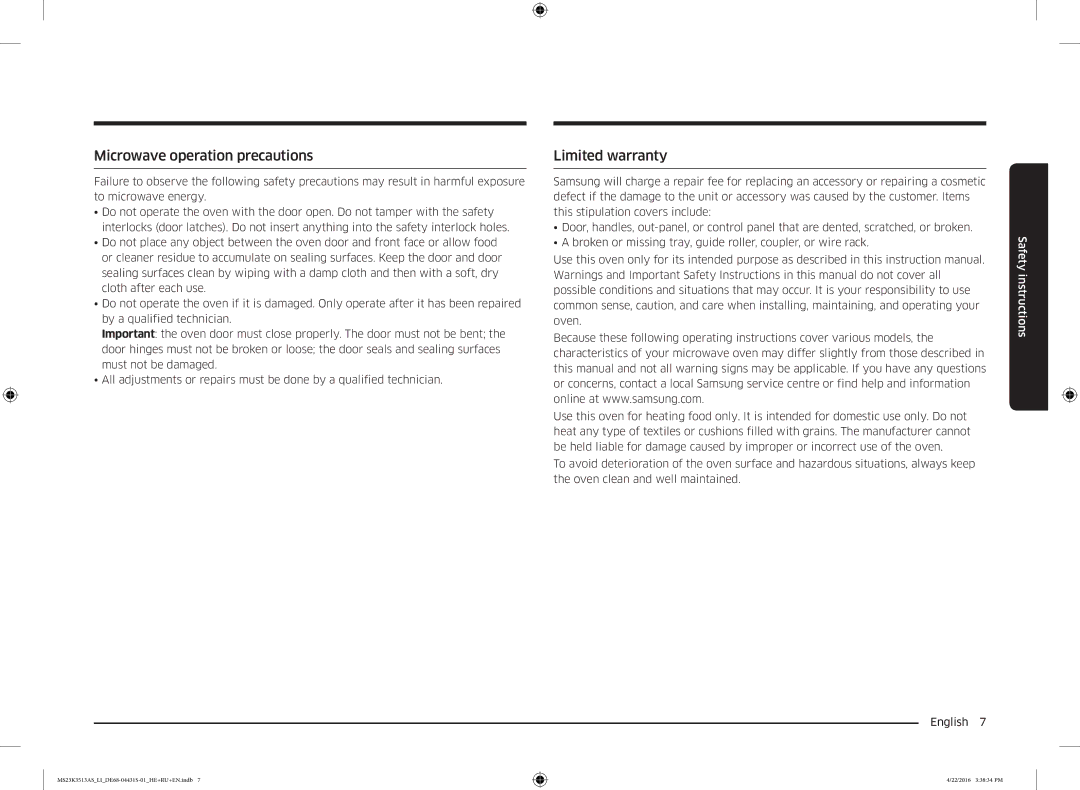 Samsung MS23K3513AK/LI, MS23K3513AS/LI, MS23K3513AW/LI manual Microwave operation precautions, Limited warranty 
