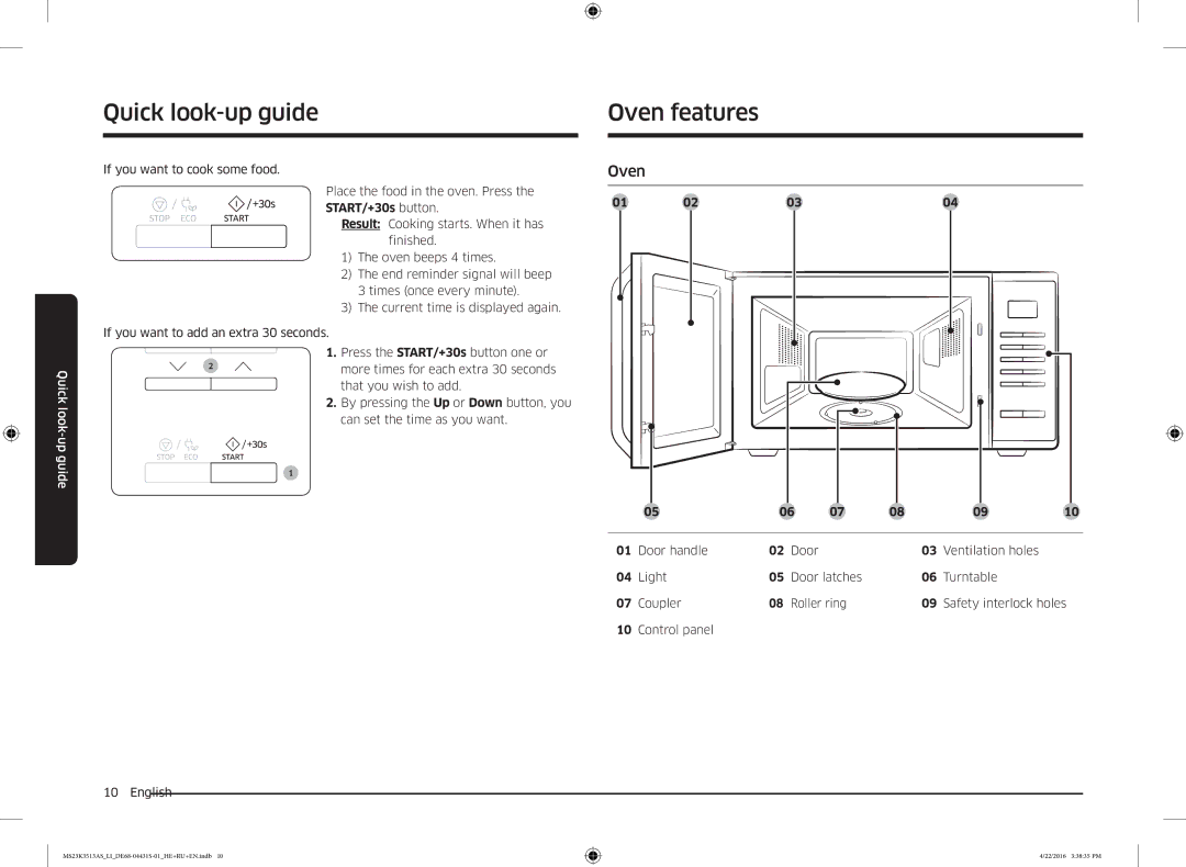 Samsung MS23K3513AK/LI, MS23K3513AS/LI, MS23K3513AW/LI manual Quick look-up guide, Oven features 