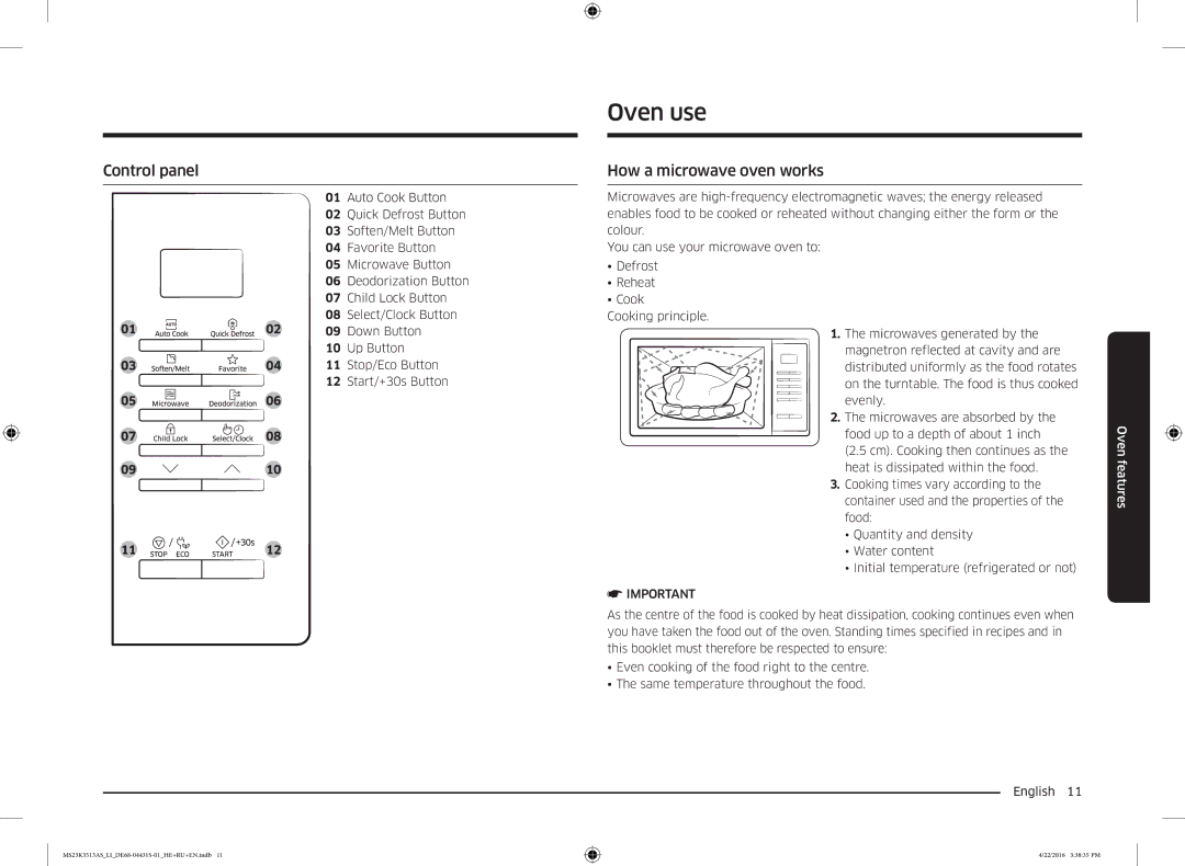 Samsung MS23K3513AS/LI, MS23K3513AK/LI, MS23K3513AW/LI manual Oven use, Control panel, How a microwave oven works 