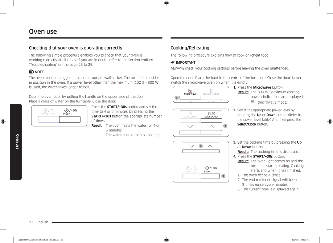 Samsung MS23K3513AW/LI, MS23K3513AK/LI, MS23K3513AS/LI Checking that your oven is operating correctly, Cooking/Reheating 