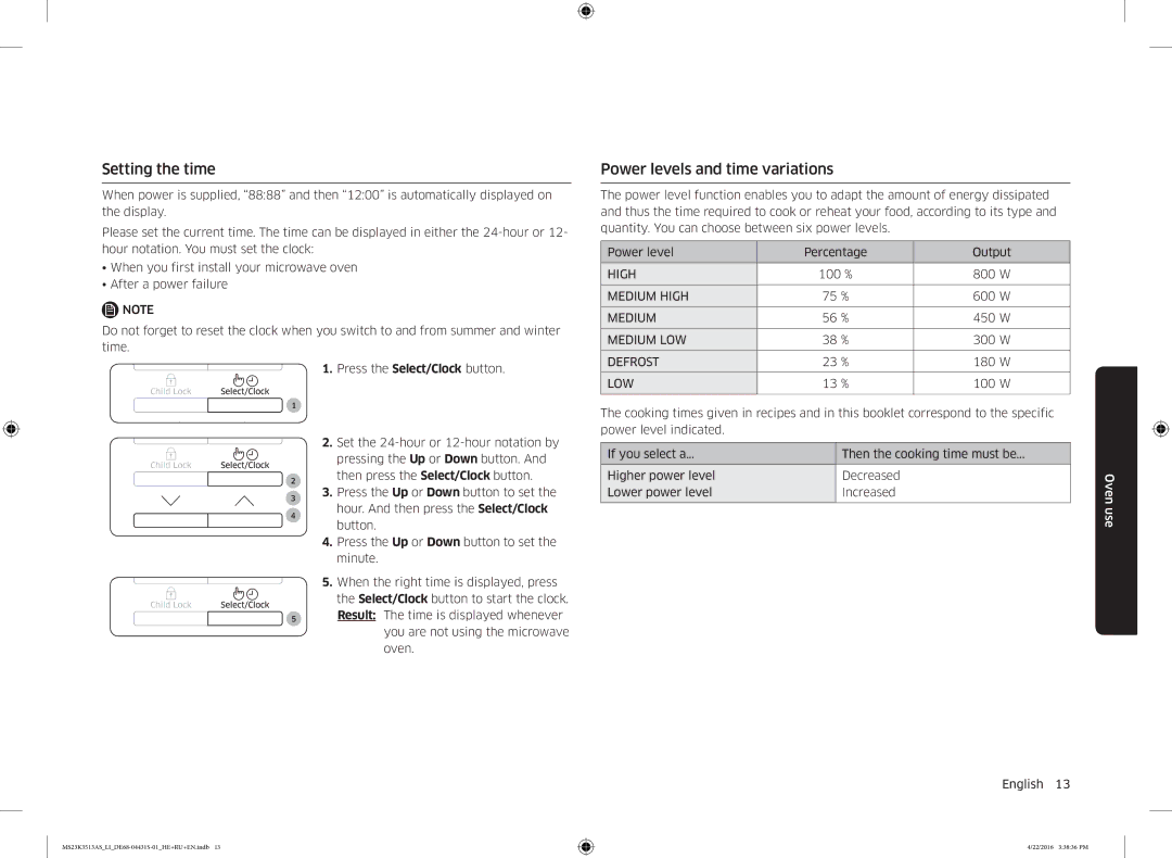 Samsung MS23K3513AK/LI, MS23K3513AS/LI, MS23K3513AW/LI manual Setting the time, Power levels and time variations 