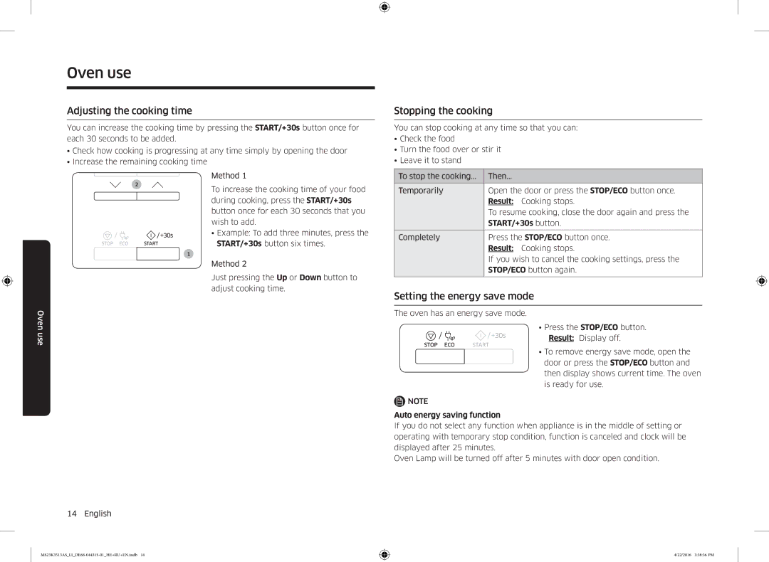 Samsung MS23K3513AS/LI manual Adjusting the cooking time, Stopping the cooking, Setting the energy save mode, Result 