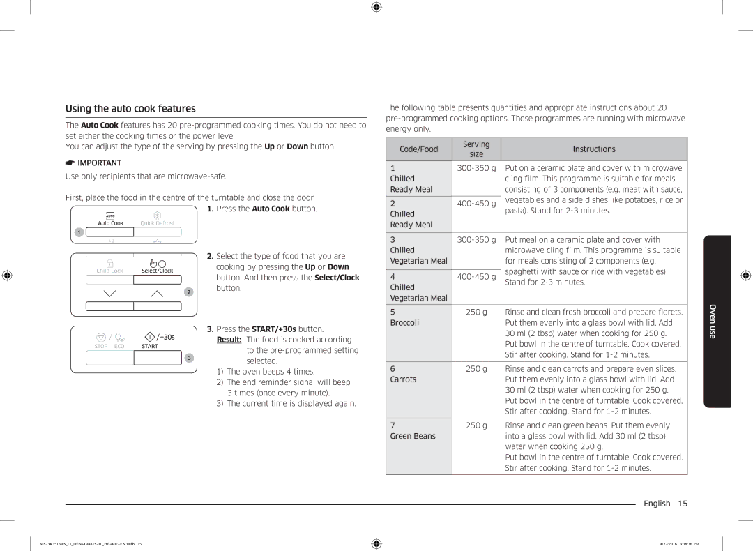 Samsung MS23K3513AW/LI, MS23K3513AK/LI, MS23K3513AS/LI manual Using the auto cook features 