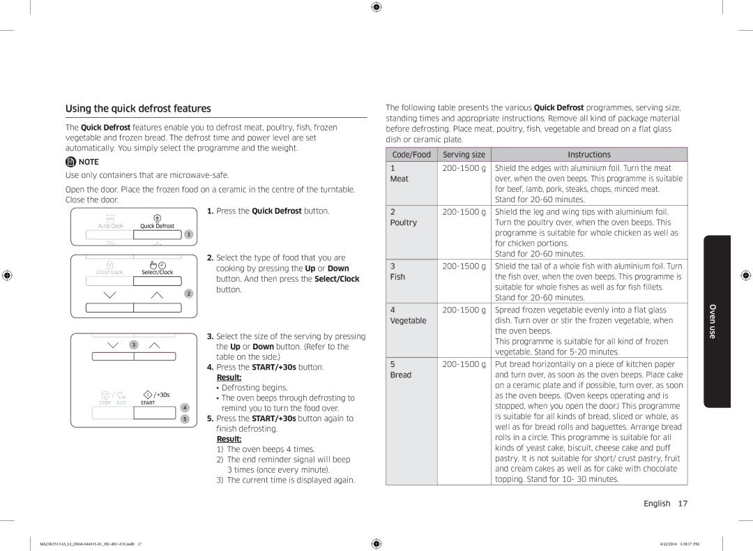 Samsung MS23K3513AS/LI manual Using the quick defrost features, Press the Quick Defrost button, Stand for 20-60 minutes 