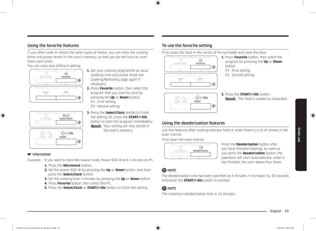 Samsung MS23K3513AK/LI manual Using the favorite features, To use the favorite setting, Using the deodorization features 