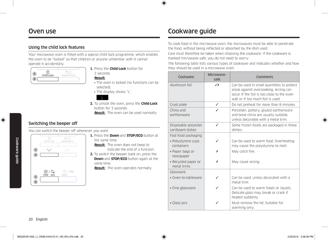 Samsung MS23K3513AS/LI, MS23K3513AK/LI manual Cookware guide, Using the child lock features, Switching the beeper off 