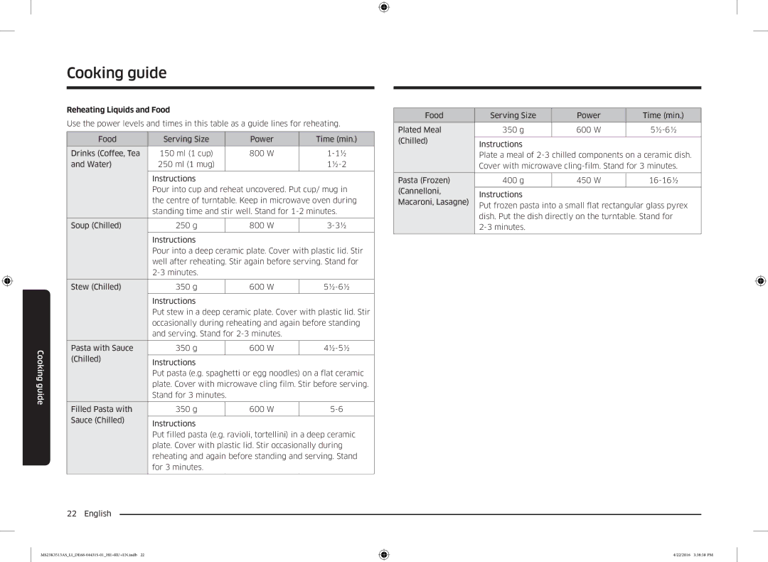 Samsung MS23K3513AK/LI, MS23K3513AS/LI, MS23K3513AW/LI manual Reheating Liquids and Food 