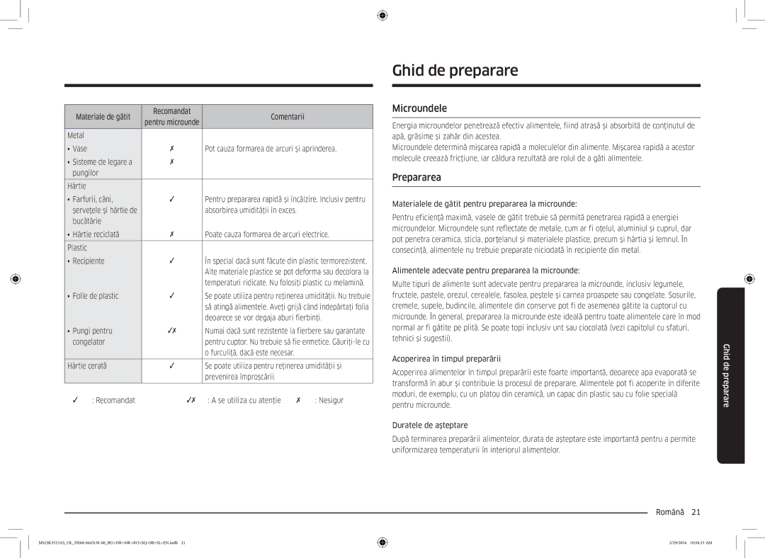 Samsung MS23K3513AK/EG, MS23K3513AK/OL manual Ghid de preparare, Microundele, Prepararea 