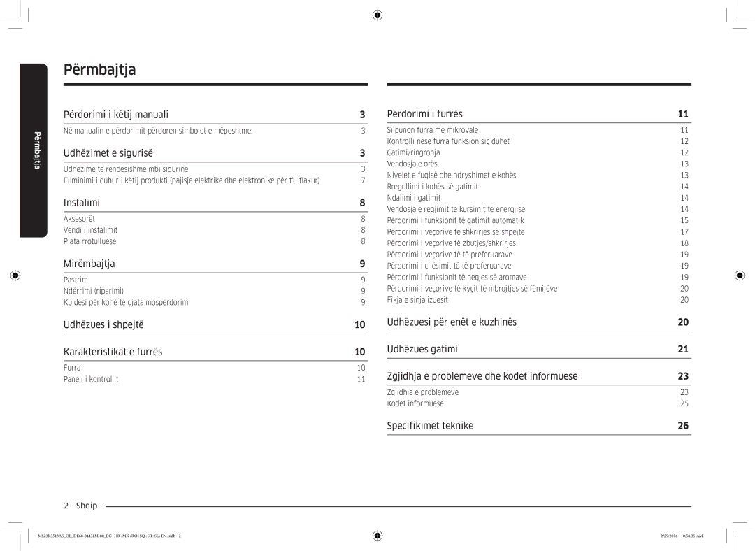 Samsung MS23K3513AK/OL, MS23K3513AK/EG manual Përmbajtja 