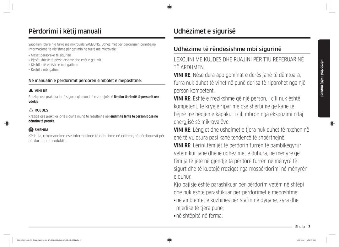 Samsung MS23K3513AK/EG, MS23K3513AK/OL Përdorimi i këtij manuali, Udhëzimet e sigurisë 