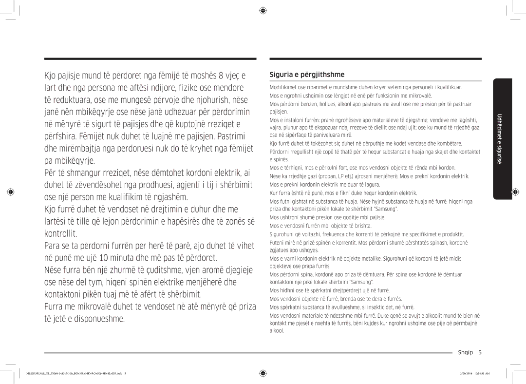 Samsung MS23K3513AK/EG, MS23K3513AK/OL manual Siguria e përgjithshme 