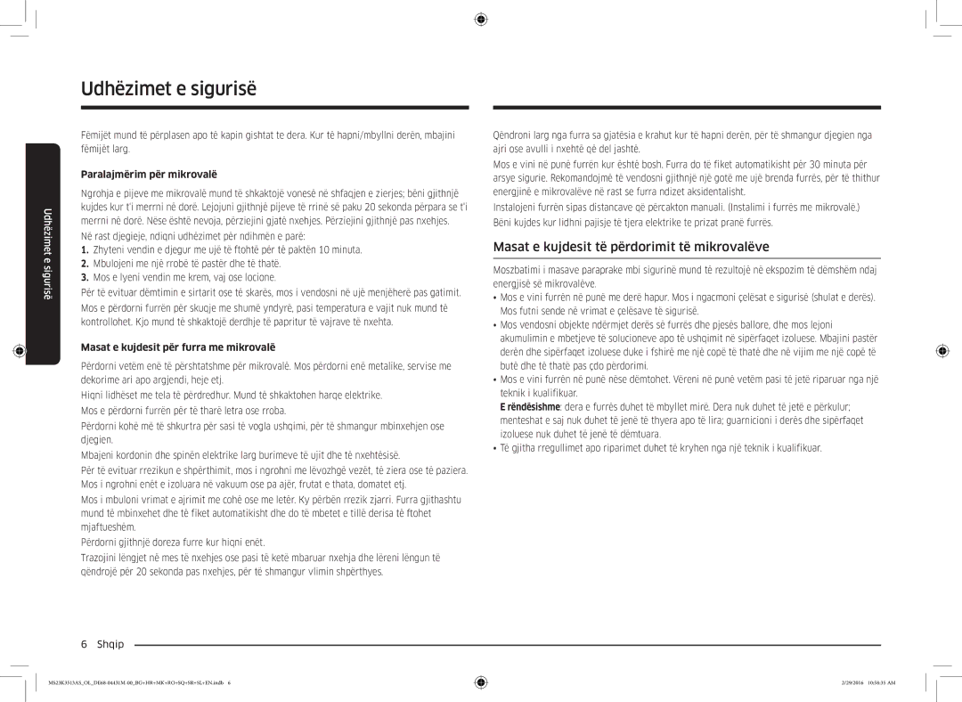 Samsung MS23K3513AK/OL, MS23K3513AK/EG manual Masat e kujdesit të përdorimit të mikrovalëve, Paralajmërim për mikrovalë 