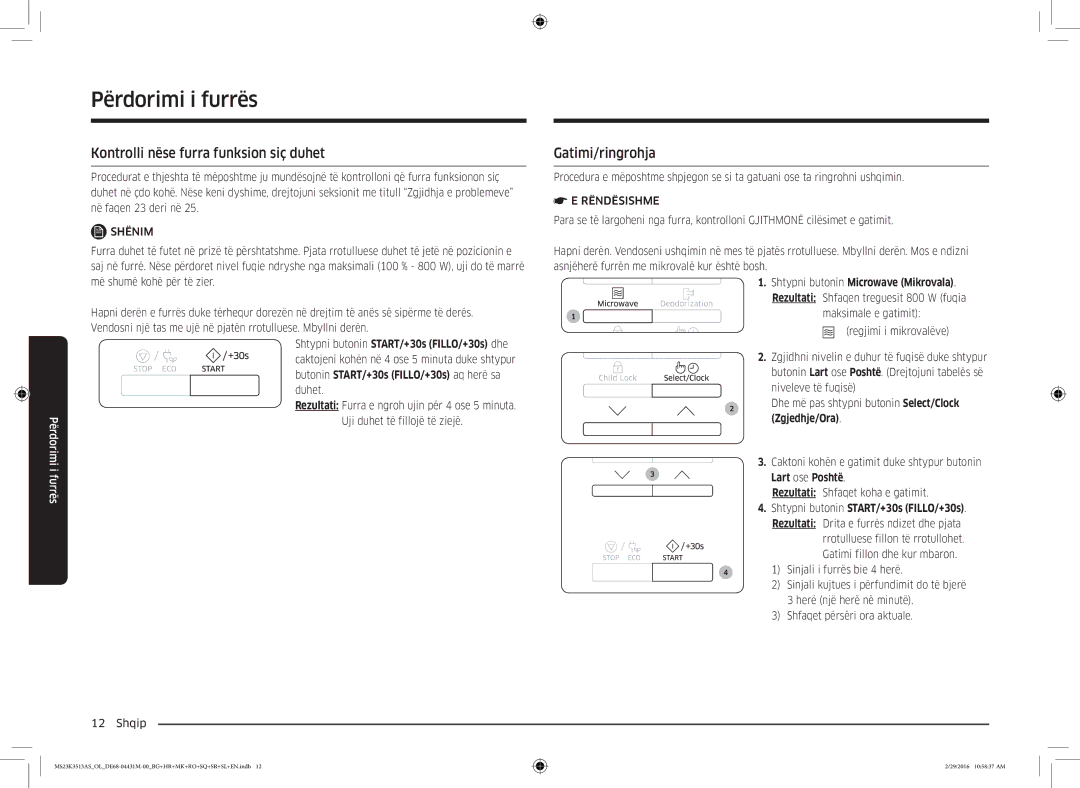 Samsung MS23K3513AK/OL, MS23K3513AK/EG manual Kontrolli nëse furra funksion siç duhet, Gatimi/ringrohja 