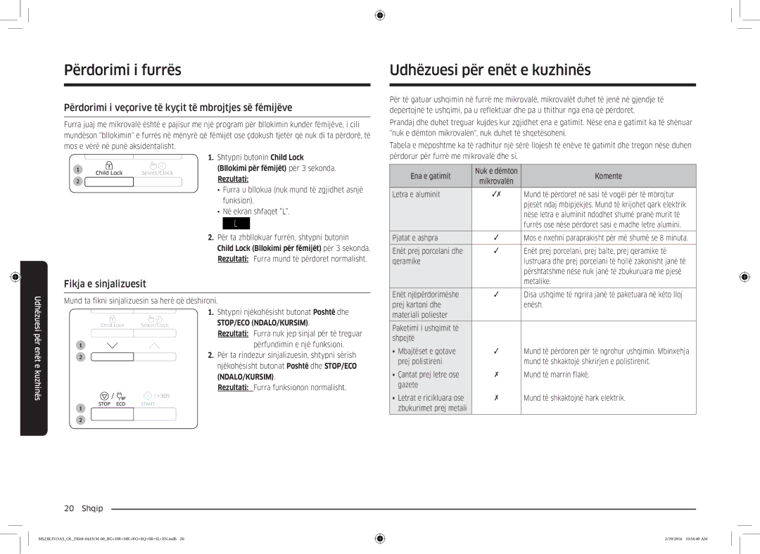 Samsung MS23K3513AK/OL, MS23K3513AK/EG manual Përdorimi i furrës Udhëzuesi për enët e kuzhinës, Fikja e sinjalizuesit 