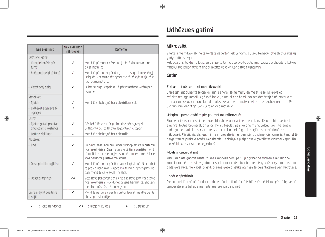 Samsung MS23K3513AK/EG, MS23K3513AK/OL manual Udhëzues gatimi, Mikrovalët, Gatimi 