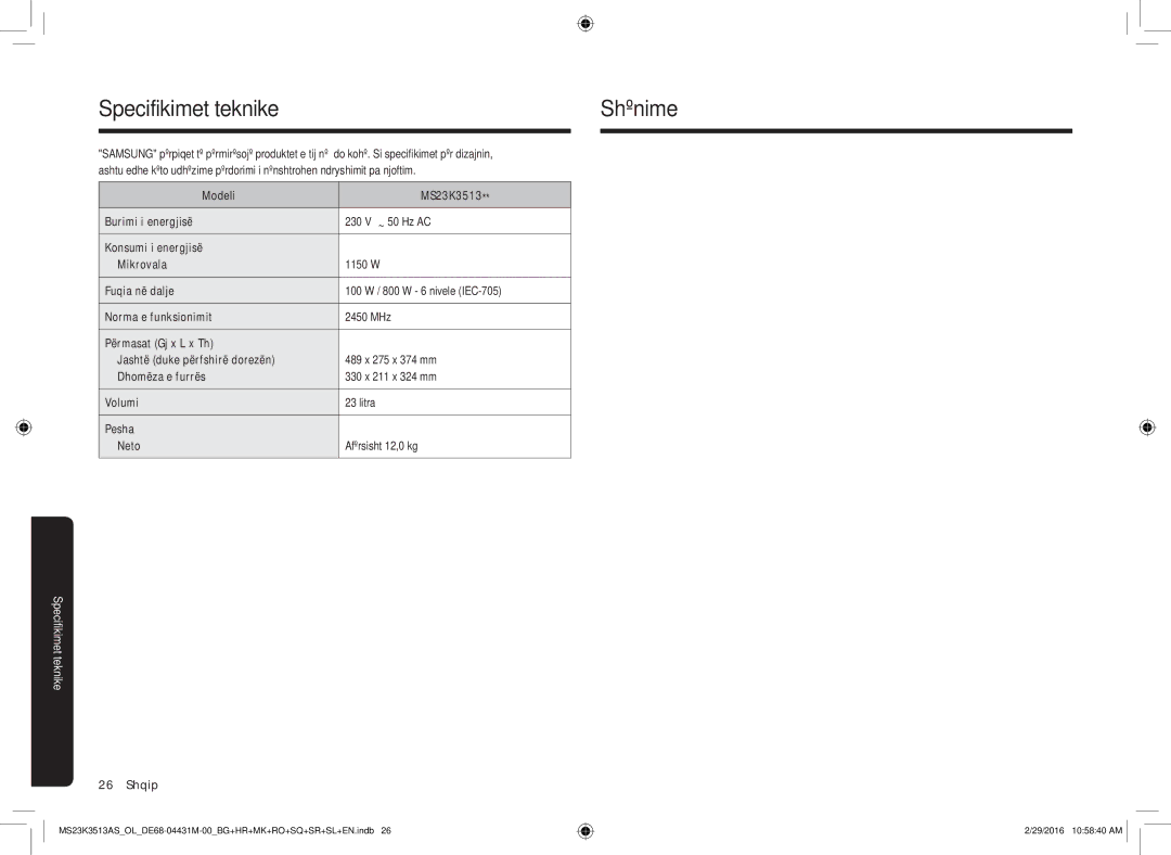 Samsung MS23K3513AK/OL, MS23K3513AK/EG manual Specifikimet teknikeShënime 