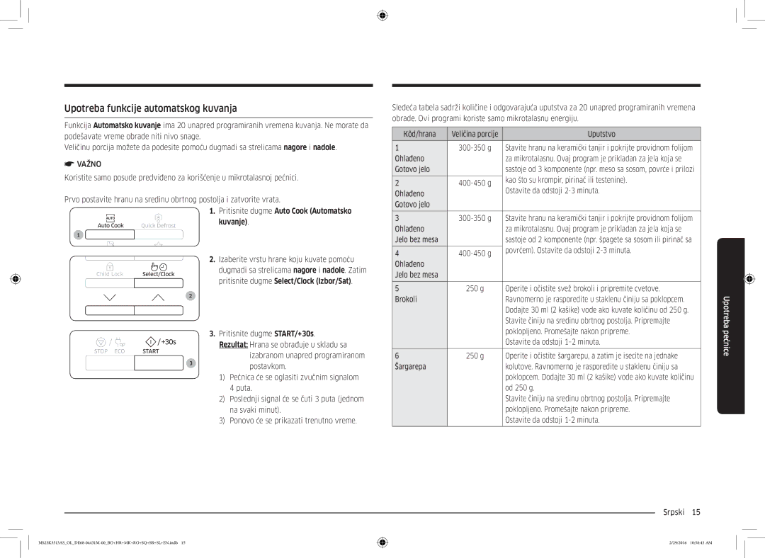 Samsung MS23K3513AK/EG, MS23K3513AK/OL manual Upotreba funkcije automatskog kuvanja 