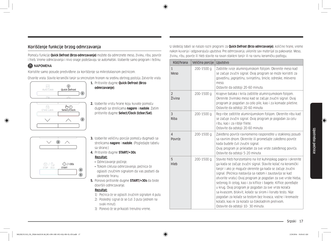 Samsung MS23K3513AK/EG, MS23K3513AK/OL manual Korišćenje funkcije brzog odmrzavanja, Odmrzavanje 