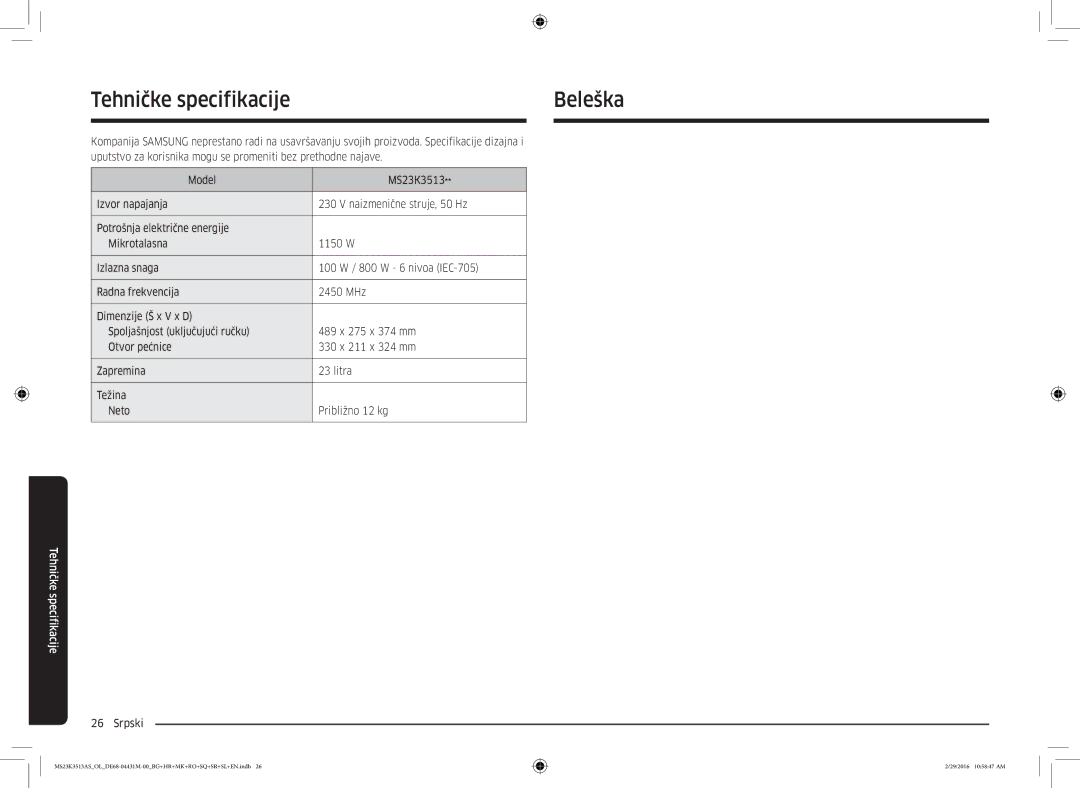 Samsung MS23K3513AK/OL, MS23K3513AK/EG manual Tehničke specifikacijeBeleška 