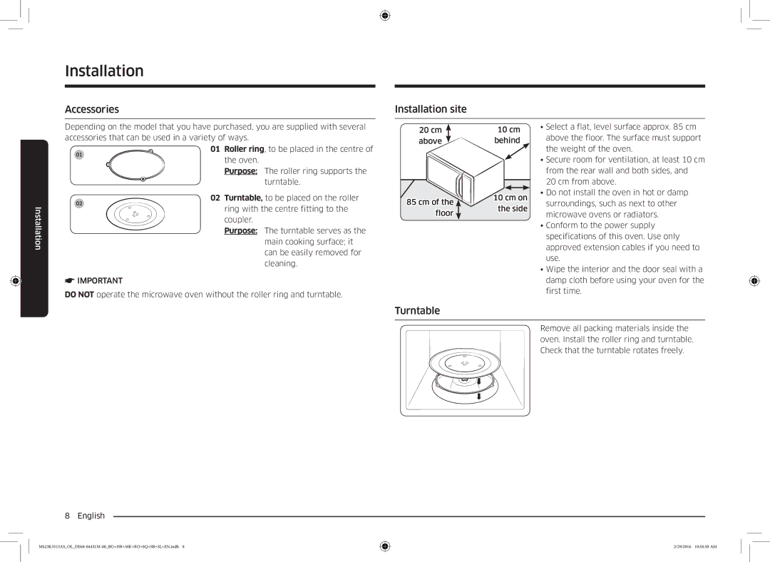 Samsung MS23K3513AK/OL, MS23K3513AK/EG manual Accessories Installation site, Turntable 