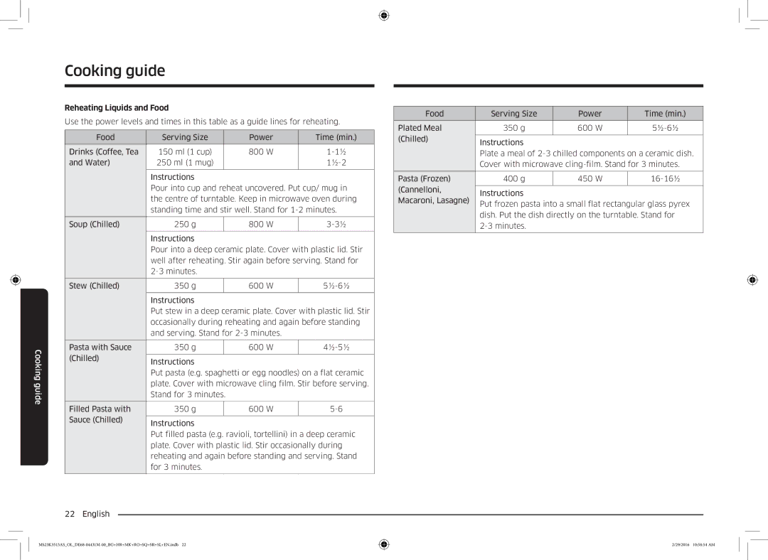 Samsung MS23K3513AK/OL, MS23K3513AK/EG manual Reheating Liquids and Food 