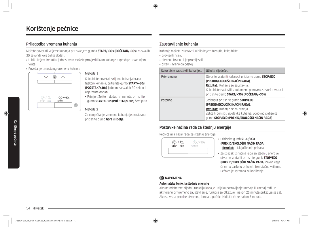 Samsung MS23K3513AK/OL manual Prilagodba vremena kuhanja, Zaustavljanje kuhanja, Postavke načina rada za štednju energije 